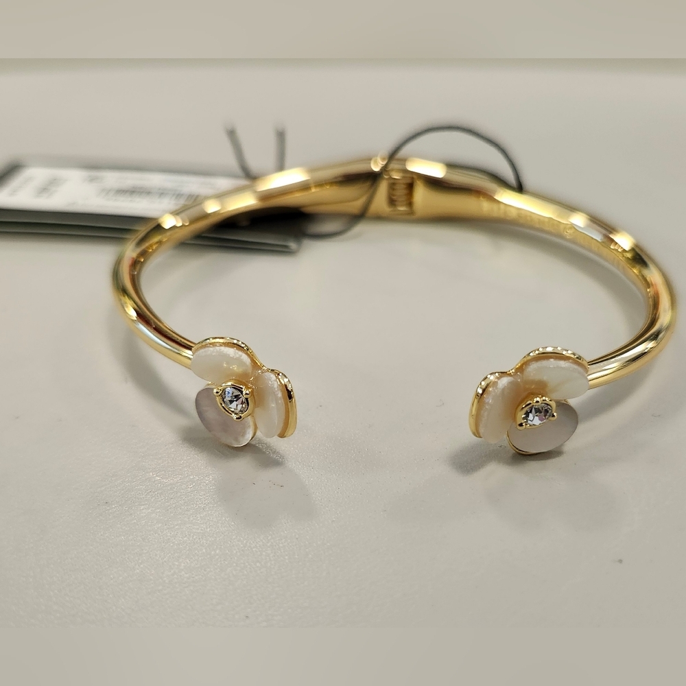 NWT Kate Spade Gold-Tone Pavé & Imitation Pearl Hinged Slim Cuff Bracelet